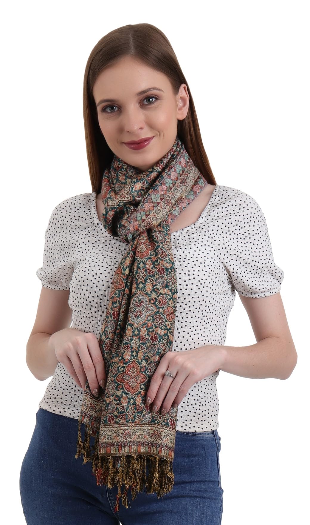 EH female Reversible Jamawar Multicolor Viscose Silk,Floral & Paisley Super Soft Pashmina Stoles/Scarf (Flower Teal Green)
