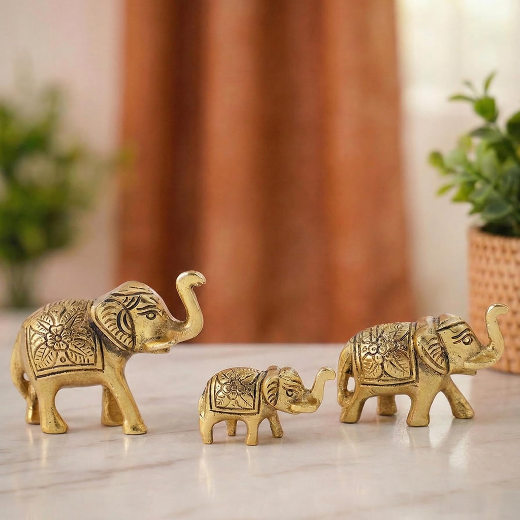 KridayKraft Metal Elephant Showpiece Set of 3 (Gold Polish) - Small Trunk Up Vastu Animal Statues for Home Decor, Office Table, Living Room & Housewarming Gifting