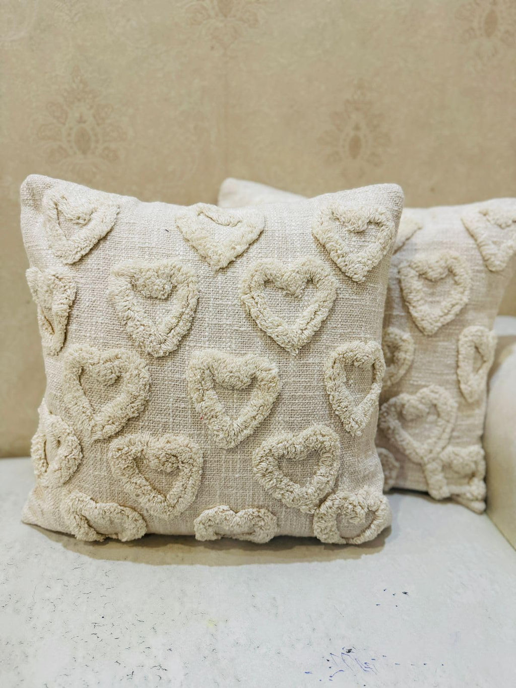 Furnistitchs Premium Decorative Throw Cushion Pillow Cover Boho Home Decor - Living Room Bedroom Couch Sofa Cushion Covers 16 inch x 16 inch (2, Cream Hearts)