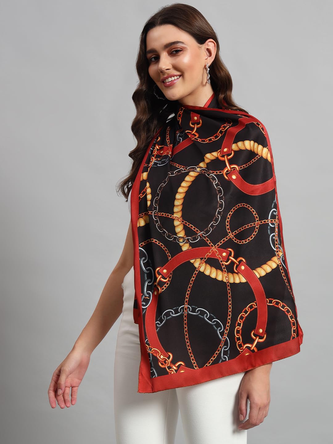 Ravaiyaa - Attitude is everything Women Lightweight Printed 100% Satin Silk Scarf Stoles Breathable Neckerchief Head Beach Wrap Scarves (Black Red Abstract, 70 x 20 Inch)