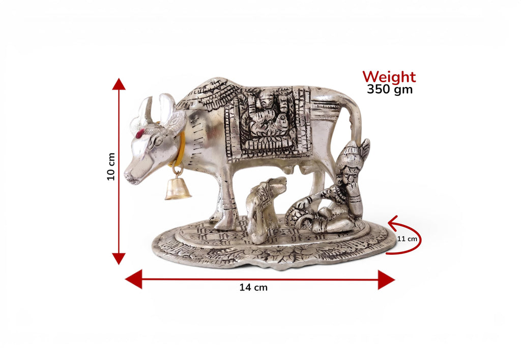 KridayKraft Kamdhenu Cow and Calf with Krishna Idol, Silver-Plated Decorative Showpiece for Home Decor and Gift, 14 x 11 cm X 10 cm, 350 g