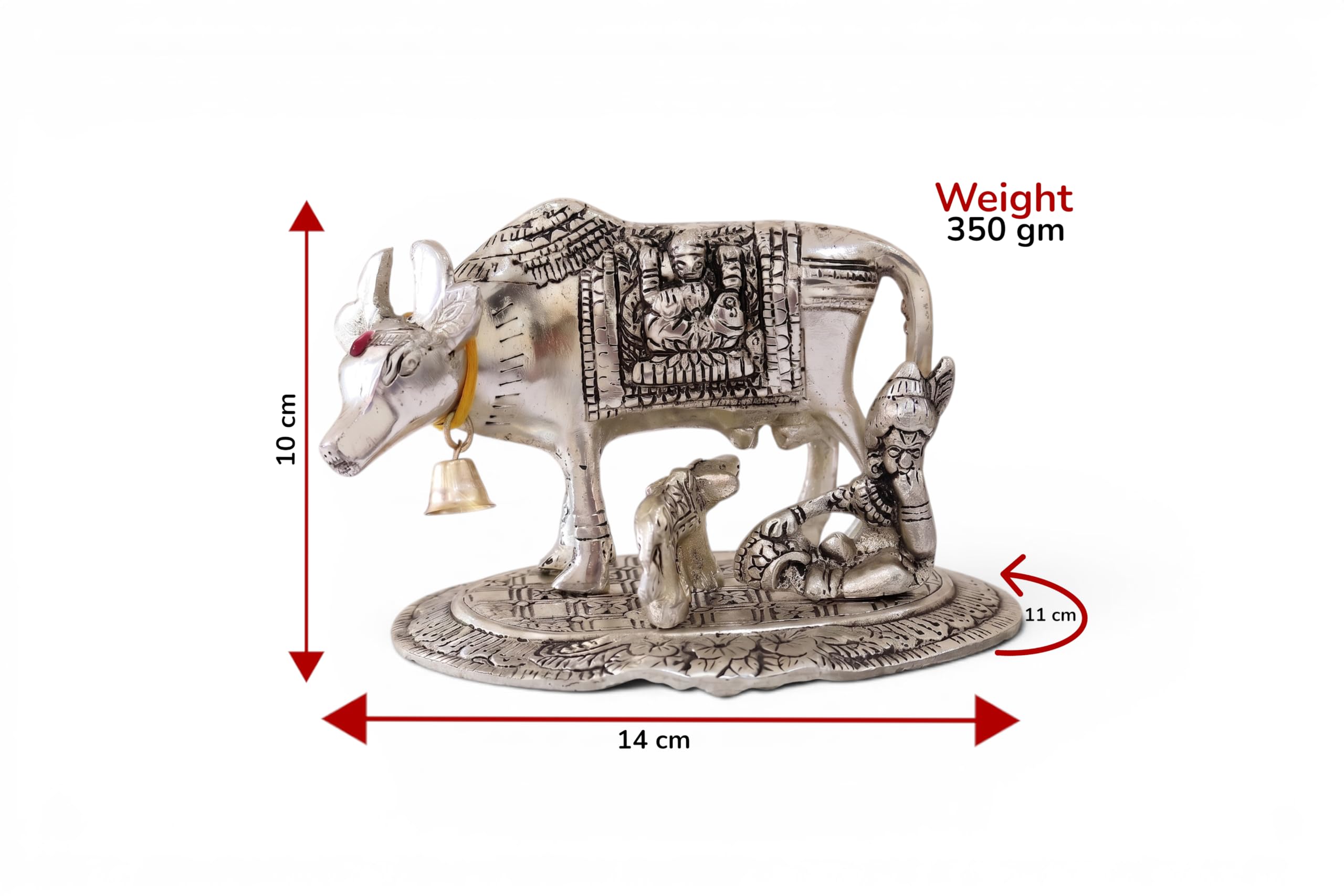 KridayKraft Kamdhenu Cow and Calf with Krishna Idol, Silver-Plated Decorative Showpiece for Home Decor and Gift, 14 x 11 cm X 10 cm, 350 g