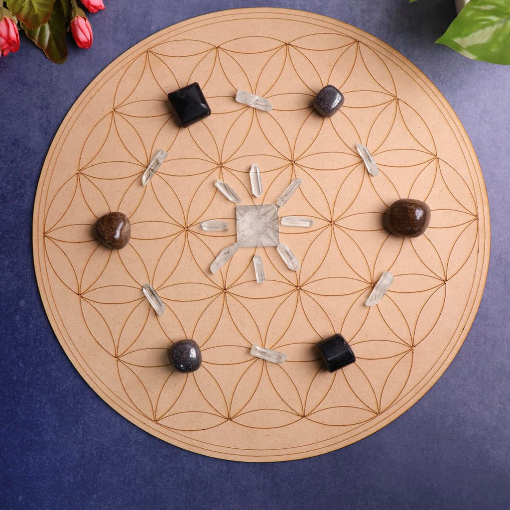 Shubhanjali Crystal Grid Plate Flower of Life Sacred Geometry Healing,Wooden Crystal Grid (12 inch)