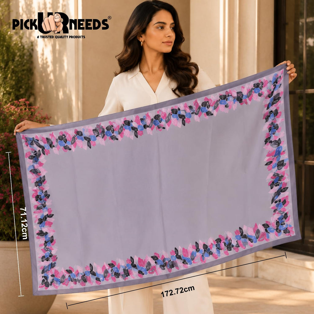 Pick Ur Needs Premium Satin Silk Feel Rectangle Scarf for Womens & Girls Floral Printed Long Fashion Stall Soft Lightweight Neck, Head & Shoulder Wrap
