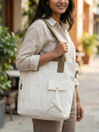 BROGBUS Canvas Tote Bag for Women Office Use, College Girls with Compartment, Cream