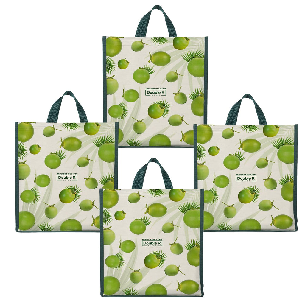 DOUBLE R BAGS Unisex Big Eco Cotton Canvas Shopping Bag for Grocery, Milk, Fruits & Vegetables | Reusable Jhola Tote with Reinforced Handles | Cherry Print, 34x9.5x39.5 cm, 1 Compartment (Pack of 4)