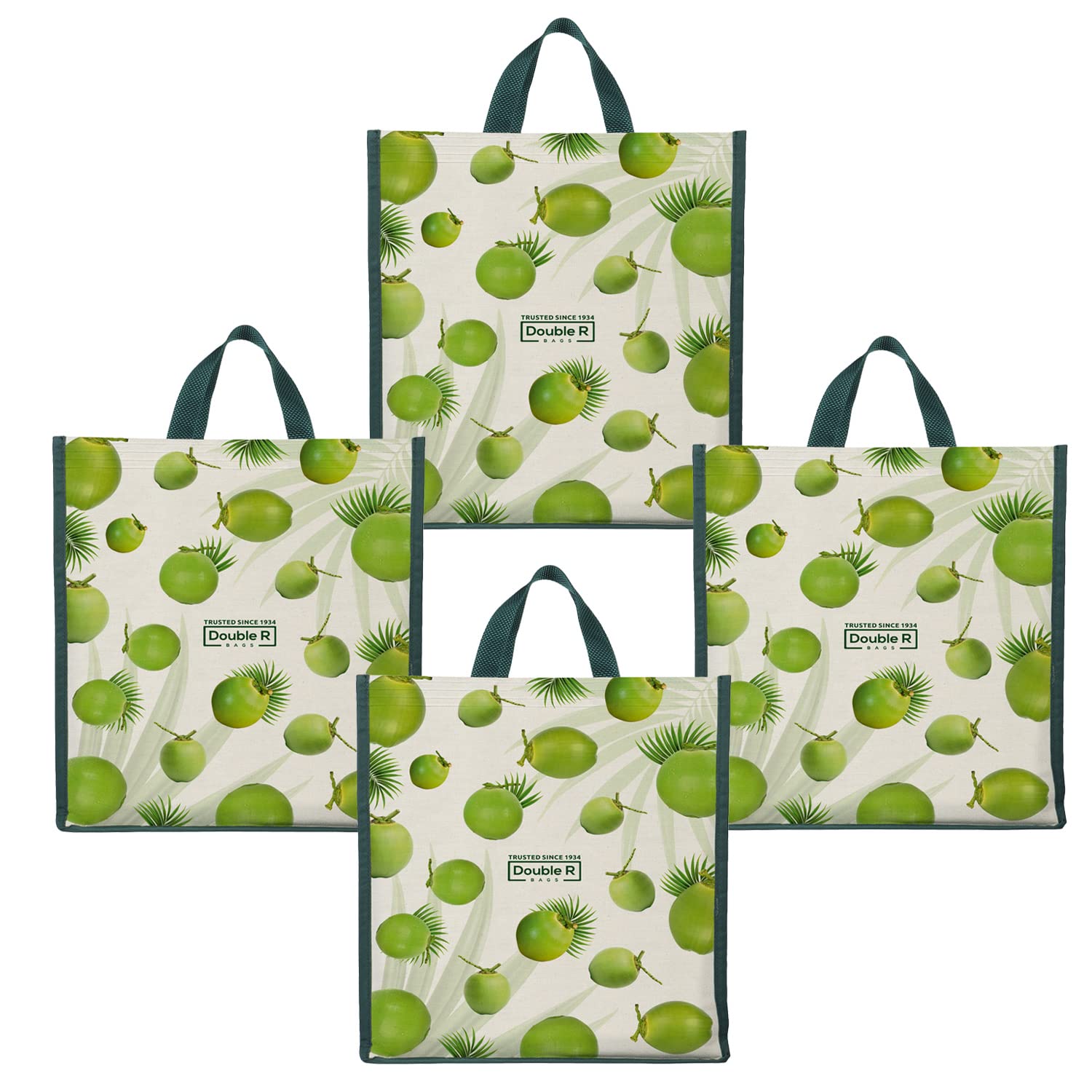 DOUBLE R BAGS Unisex Big Eco Cotton Canvas Shopping Bag for Grocery, Milk, Fruits & Vegetables | Reusable Jhola Tote with Reinforced Handles | Cherry Print, 34x9.5x39.5 cm, 1 Compartment (Pack of 4)