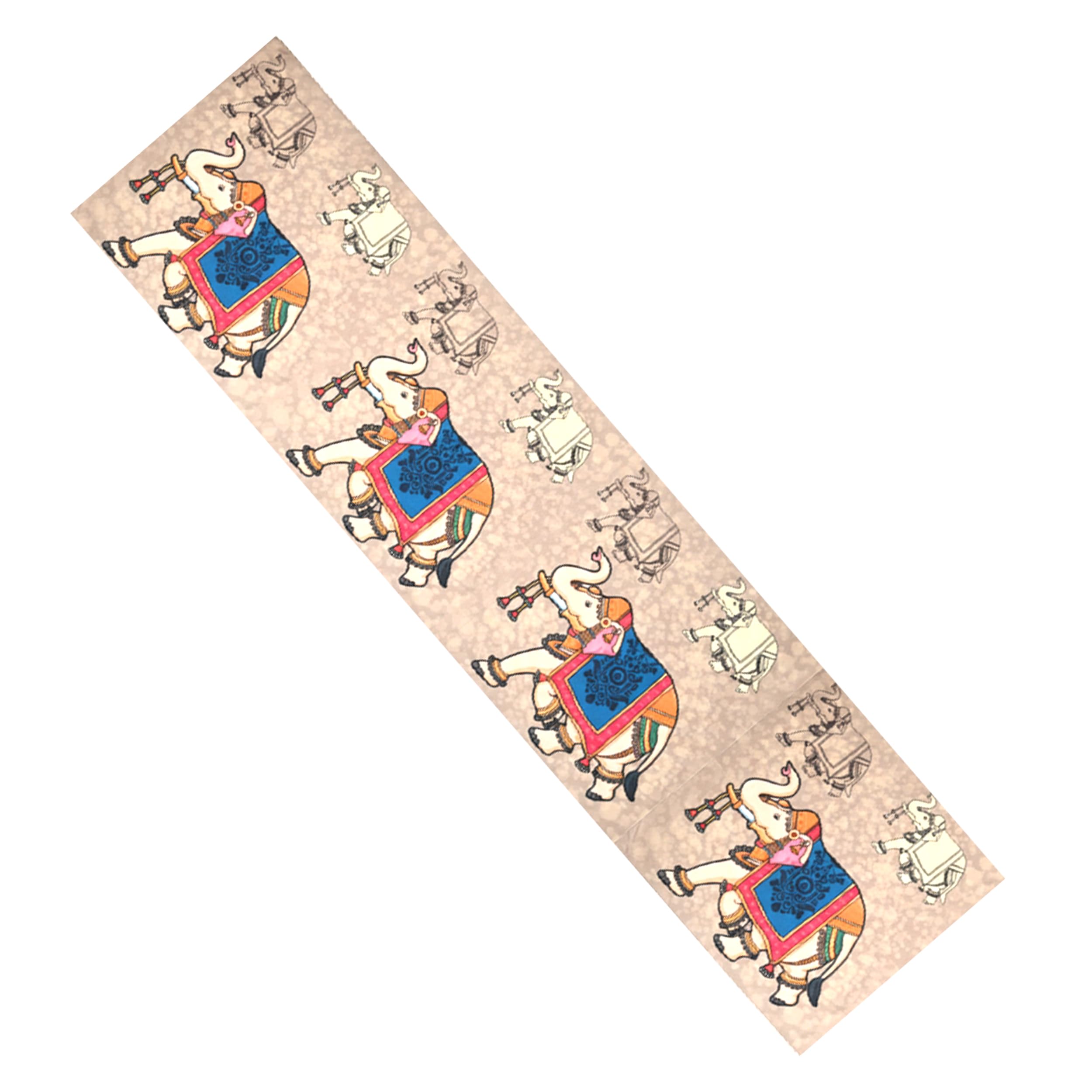 PRAKARTIK BY INDUARTS Dining Table Runner -Elephant Ethnic Theme,Digital Print, Washable, Indoor/Outdoor, Heat-Proof, Wipe & Clean (135X33 cm) Cream Kafalo
