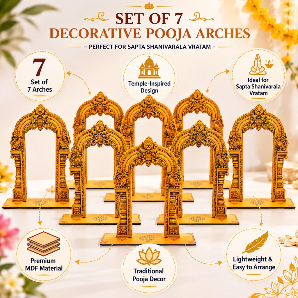 Satvaikya Decorative Temple Arch Set for Pooja & Sapta Shanivarala Vratam | 7 Premium MDF Mandir Arches for Festival Decoration, Golu Display & Home Temple Décor | Golden South Indian Temple Design