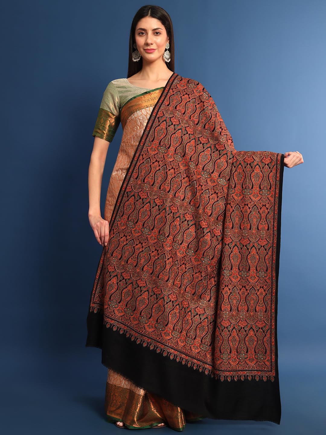 Pashmoda Women Gulsheren100% Fine Wool Sozni Hand Embroidered Shawl, Stole and Wrap, Kashmiri Pashmina Shawl, Heritage Luxury, Sustainable and Natural Fabric (Size 40x80)