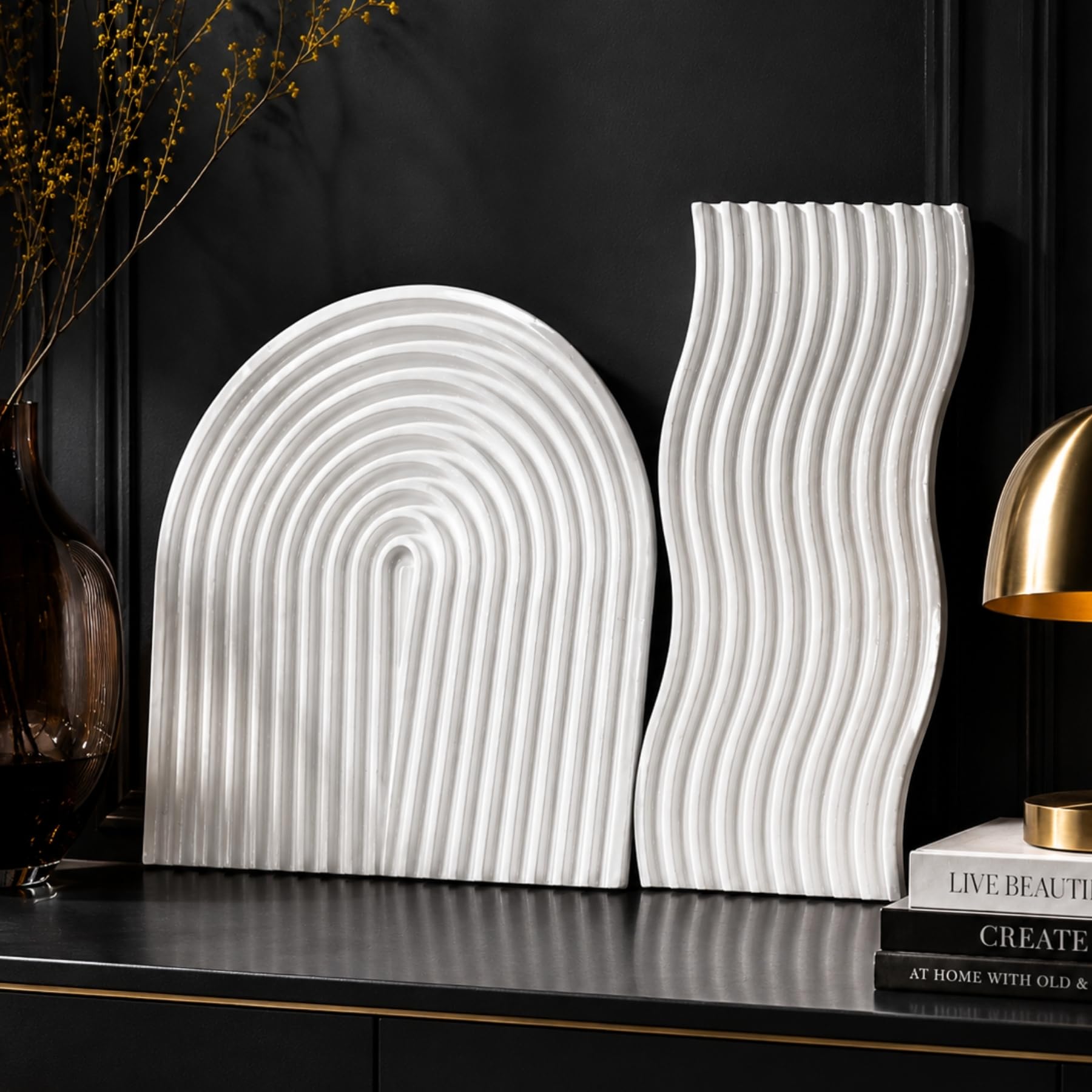 Clover Home Ribbed Decorative Tray Set | 10 inch Wavy and 9 inch Arch Tray | Aesthetic Showpiece for Room Decor | Large Vanity & Trinket Tray, Shelf Decor | Pinterest Inspired Home Decor Gift (White)