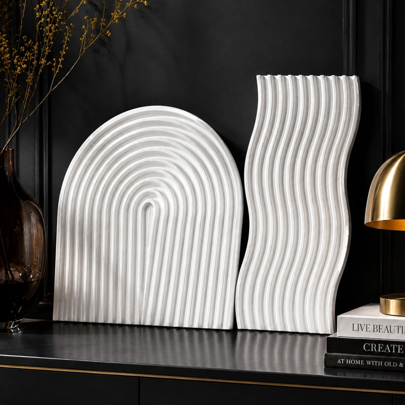 Clover Home Ribbed Decorative Tray Set | 10 inch Wavy and 9 inch Arch Tray | Aesthetic Showpiece for Room Decor | Large Vanity & Trinket Tray, Shelf Decor | Pinterest Inspired Home Decor Gift (White)