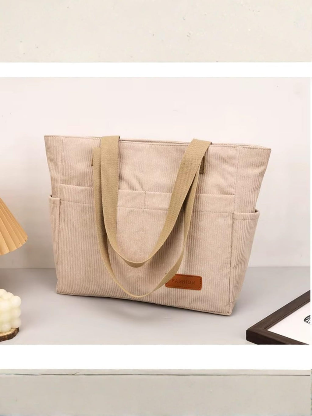 ITALISH Corduroy Tote Bag for Woman Lightweight Multi-Pocket Handbags for Women Latest Collection with Zipper Closure (Beige)