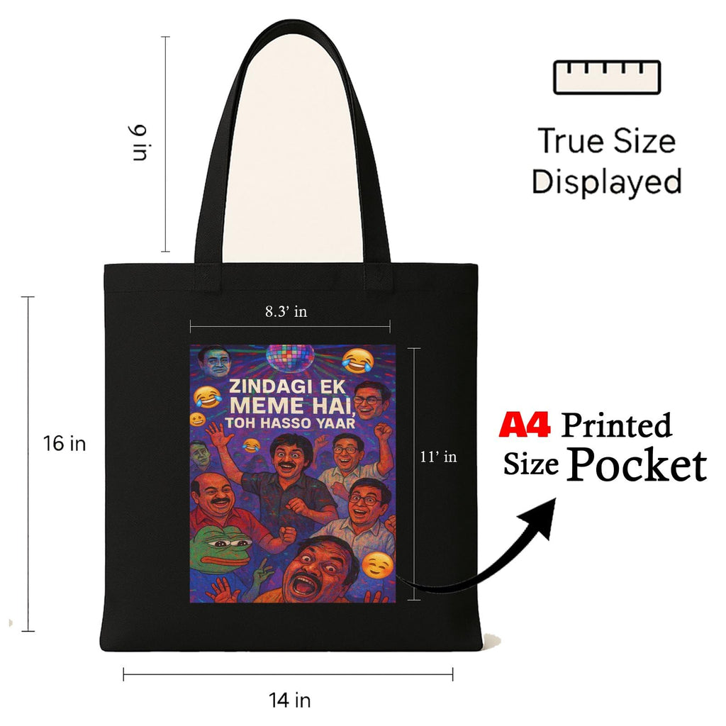 Kirmada Black Cotton Tote Bag | Zindagi Ek Meme Hai Toh Hasso Yaar Design | Funny Desi Meme Tote for College, Shopping & Daily Use | Zipper Closure | Reusable Eco Friendly Gift for Meme Lovers