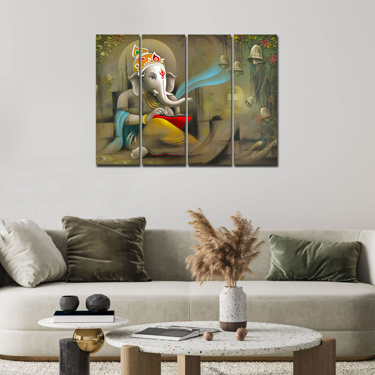 VIBECRAFTS 4 Pieces Beautiful Shree Ganesh Canvas Wall Painting Fitted With Wooden Frame For Home | Office | Living Room | Gift(PTVC4Pcs1_13527)