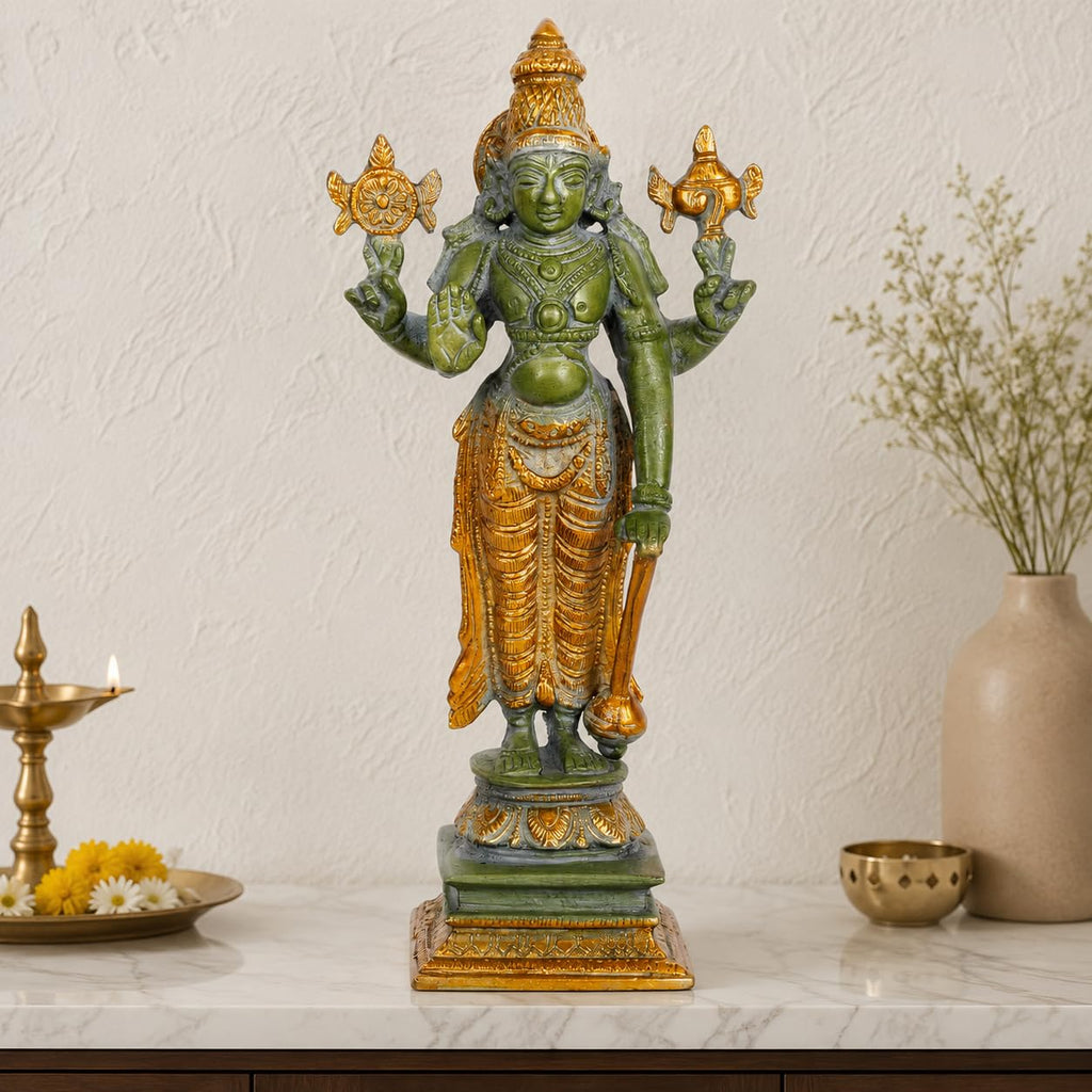 ARTVARKO Brass Vishnu Idol Standing Narayanan with Sudarshan Chakra Idol for Home Décor Entrance Temple Mandir Diwali Gift Height 8 Inch