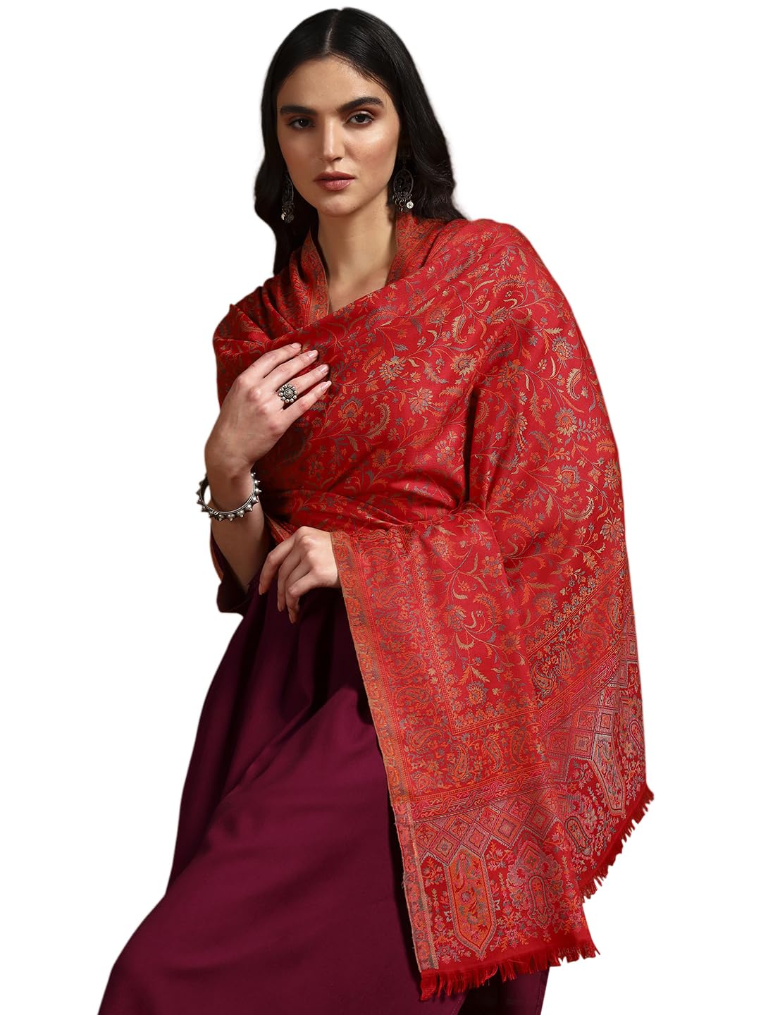 Pashmoda Women Aabroo Kashmiri Jamawar Woven Shawl, Kaani Jacquard Shawls, Stoles, Wraps, Luxury Pashmina Evening Wrap (Size: 40X80 Inches, Red Color) SECS58