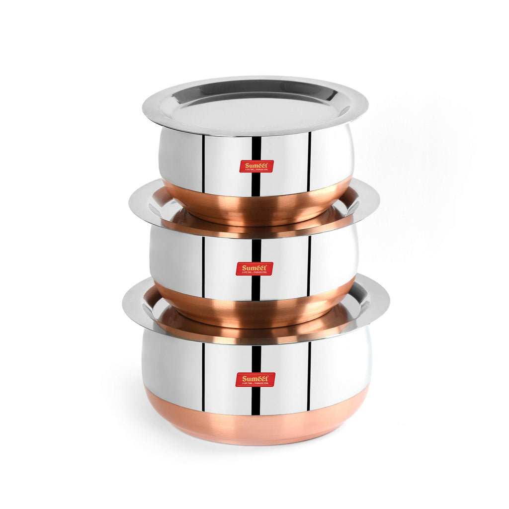 Sumeet Stainless Steel Copper Bottom Belly Shape 3 Pc Tope/Cookware/Pot Set with Lid 1.75Ltr, 2.4Ltr, 3Ltr (Silver), 500 ml