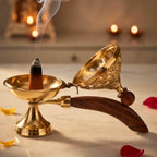 DSH Brass Loban Burner Home Purifying Dhoop Dani Bakhoor Holder Table Incense Burner with Wooden Handle for Home Decoration