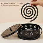 DSH Metal Mosquito Coil Holder with Lid & Handle Ash Catcher Stand for Mosquito Coil Indoor Outdoor Safe Use (Black)