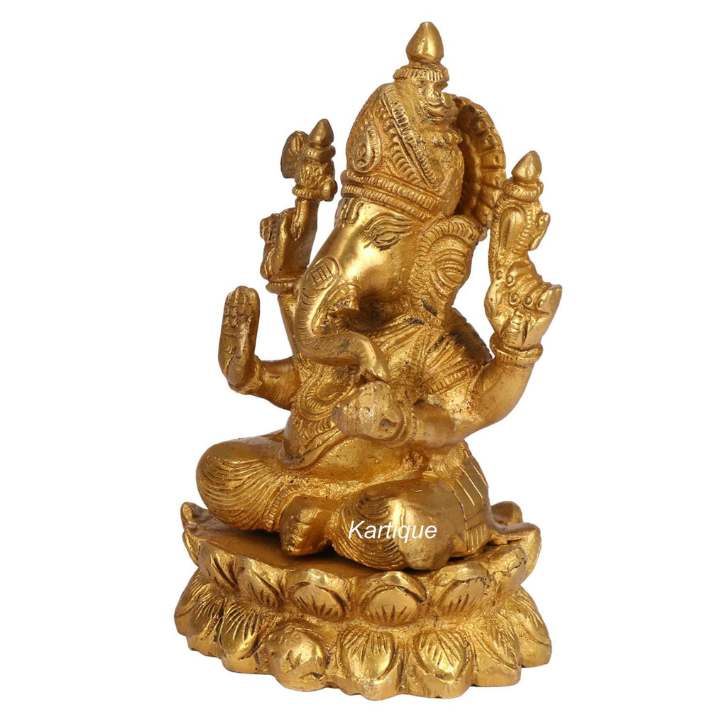 Svarup Brass Ganesha Sitting On Lotus Idol in Gold Color Height 6 Inch Weight 1.5 Kg