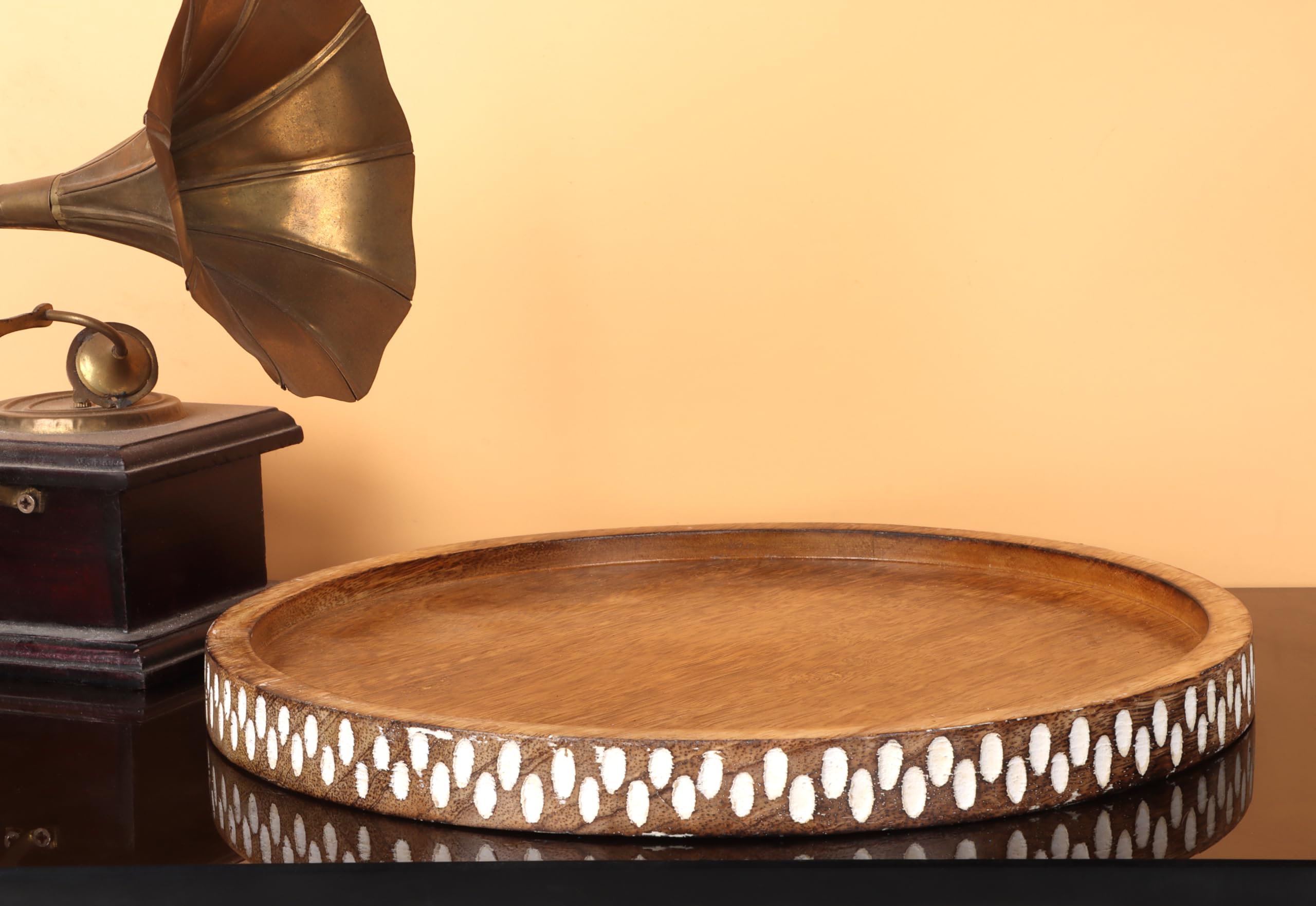 WOOD ART STORE Wooden Round Tray for Serving | Beautiful Tray for Home Decor Kitchen | Decorative Tray for Storage Foods,Drinks & Makeups Size 11x11x1 Inches (Brown & White)