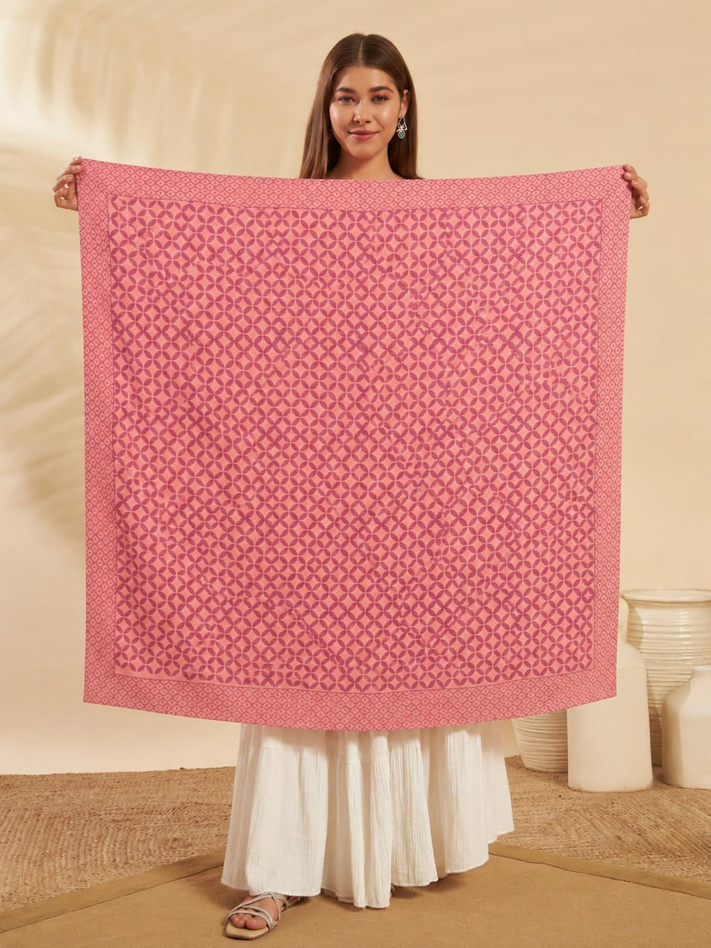 Ravaiyaa - Attitude is everything Sanganer Hand Block Printed Scarves Pure Cotton Scarf Square Hijab Dupatta 40 X 40 Inch (Peach Pink Floral)