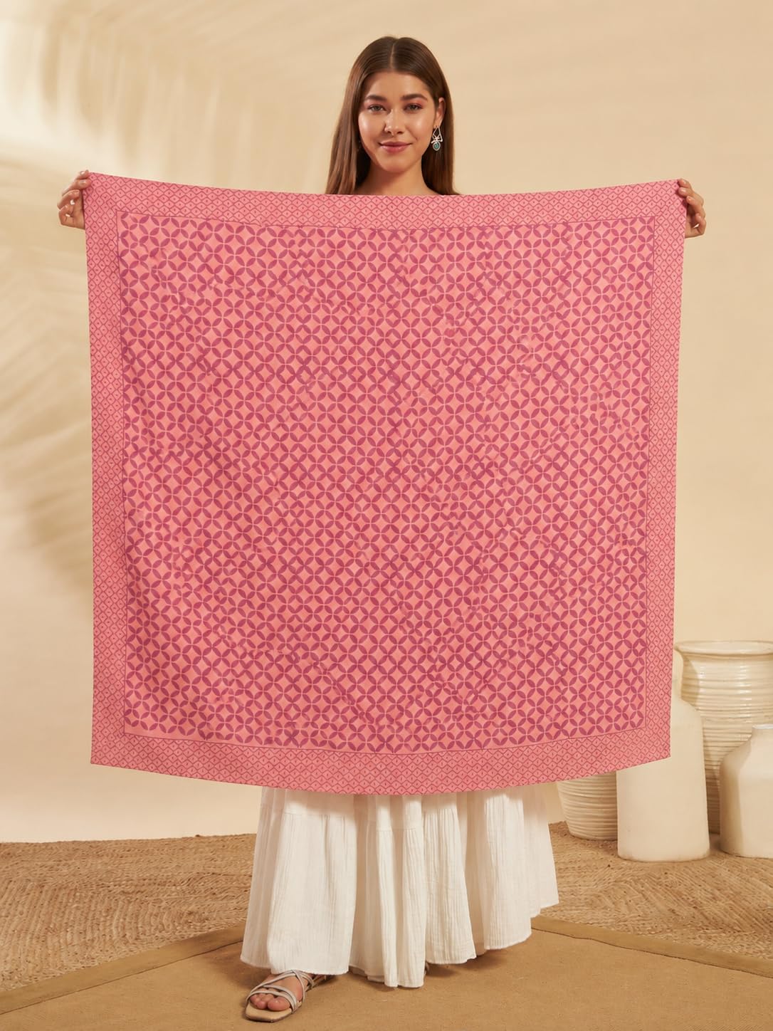 Ravaiyaa - Attitude is everything Sanganer Hand Block Printed Scarves Pure Cotton Scarf Square Hijab Dupatta 40 X 40 Inch (Peach Pink Floral)