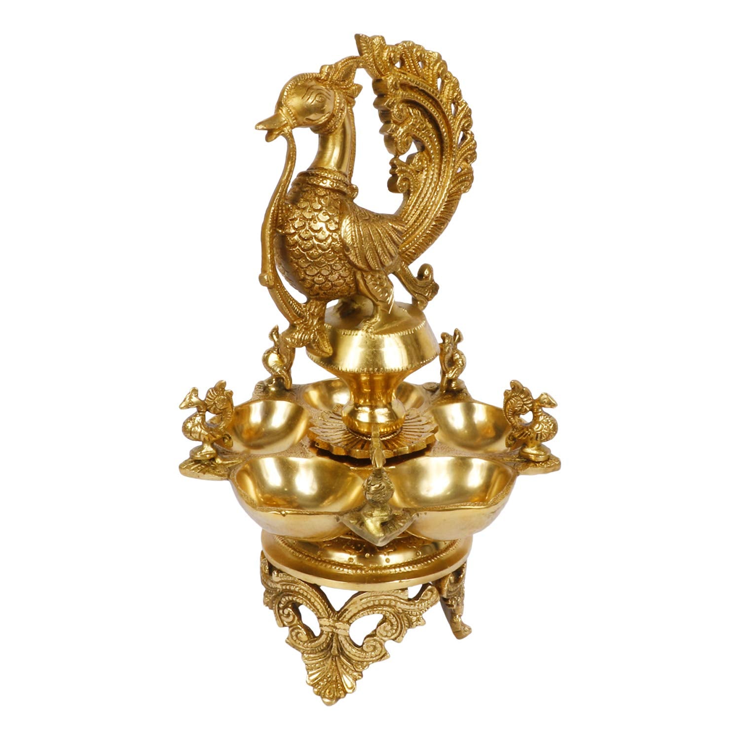 Svarup 12 Inch Gold Color Brass Peacock Diya: Perfect for Home Temple Aarti, Camphor Burn, and Table Mandir