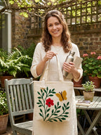 Wisdom Decor Hand-Embroidered Cotton Slub Tote Bag for Women | Premium Shoulder Bag with Zipper Closure & Tassel Accent | Eco-Friendly Shopping, Travel & College Handbag (Butterfly Flower)