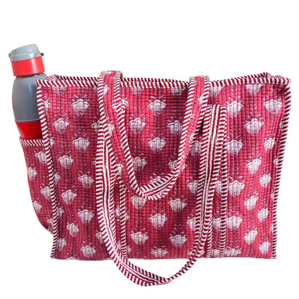 The House of RajPadmini Floral Quilted Cotton Shopping Tote Bag, 16x16 inches, Striped Trim, External Bottle Pocket (Dark Pink)
