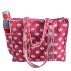 The House of RajPadmini Floral Quilted Cotton Shopping Tote Bag, 16x16 inches, Striped Trim, External Bottle Pocket (Dark Pink)