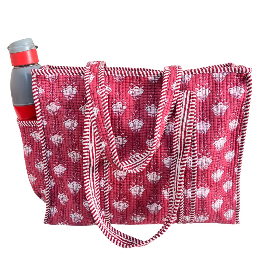 The House of RajPadmini Floral Quilted Cotton Shopping Tote Bag, 16x16 inches, Striped Trim, External Bottle Pocket (Dark Pink)