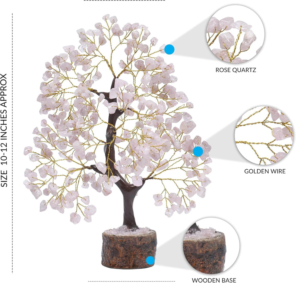 KHOLAD Rose Quartz Natural Crystal Money Tree | Feng Shui Healing Gemstone Tree for Love, Peace, Harmony & Positive Energy | Decorative Bonsai Tree for Home Decor & Office (Pink)