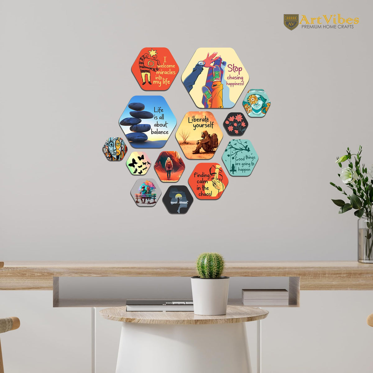 Artvibes Life Is All About Balance Hexagon Shape MDF Wooden Wall Decor Items | Quotes Decor Item | Wall Poster | Office Decor | Wall Art Print | Inspirational quotes | Gift Items (WPS_209N), Set of 13