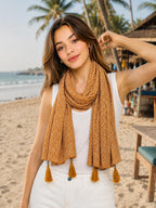 Women's Boho Scarf, Mustard Yellow, Chevron Zigzag Print with Tassel Ends