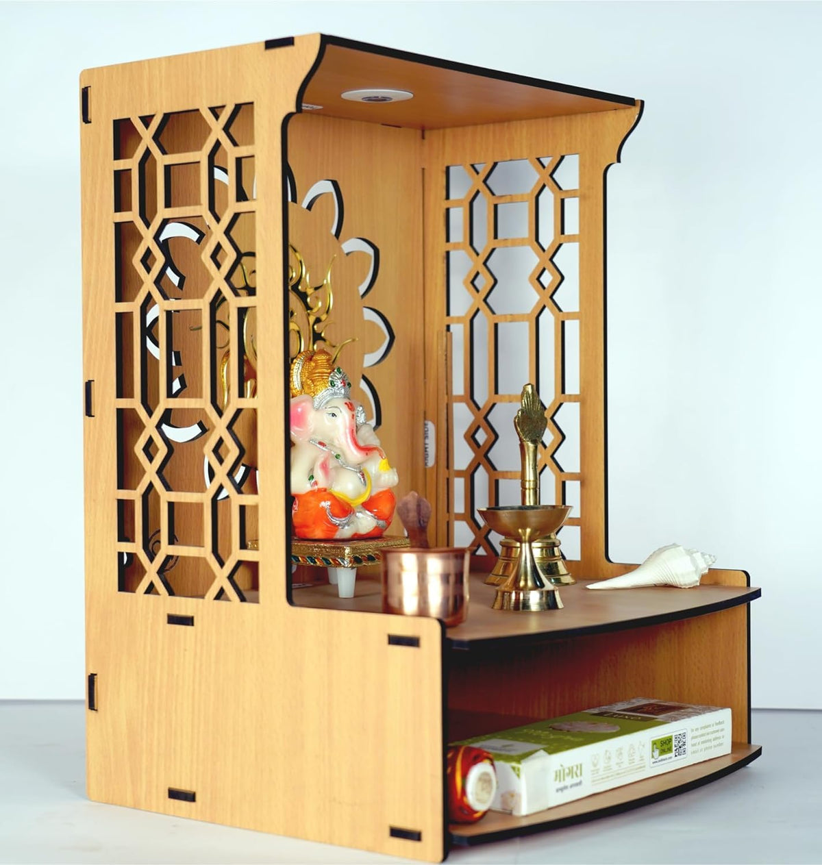 9br® Mangal Beautiful Wooden Pooja Stand for Home Pooja Mandir for Home Temple for Home and Office with LED Spot Light Size (H-15.5, L-11.5, W-11 Inch) (Pack of 1)