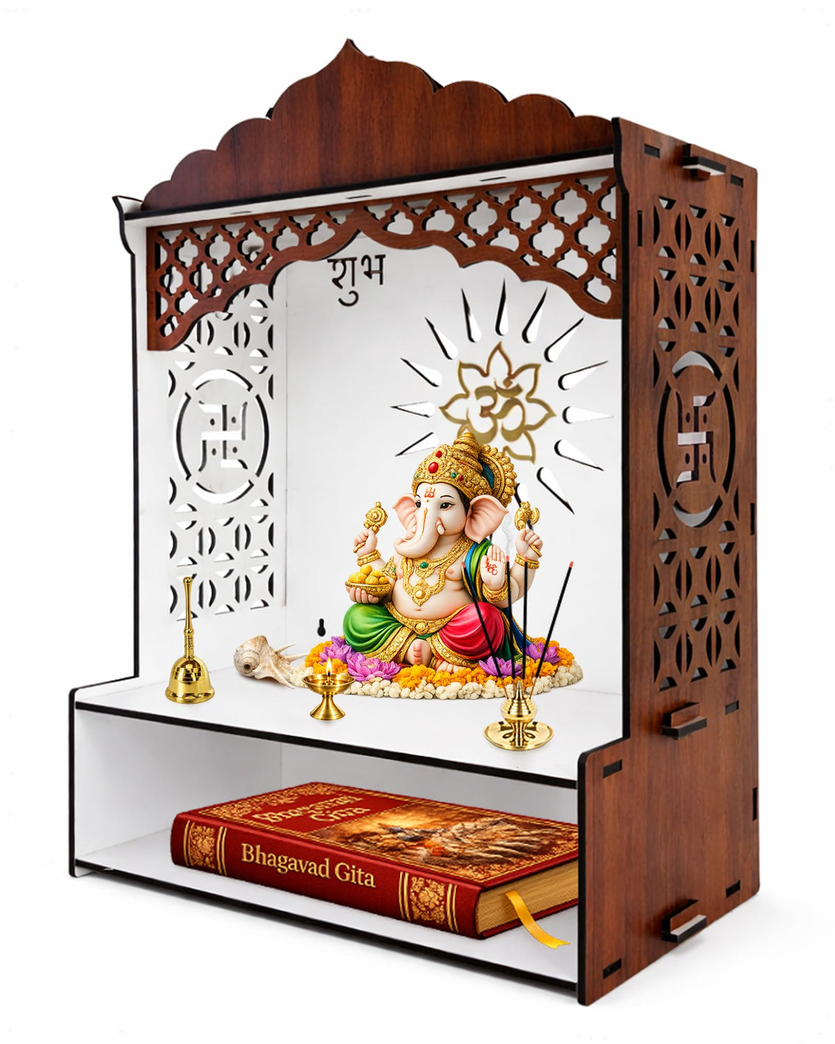 DEXORO Dual Tone Wooden Temple for Home (22 x 16 x 8.5 Inch) | White Interior Pooja Mandir with LED Light | Wall Mounted & Tabletop with Storage