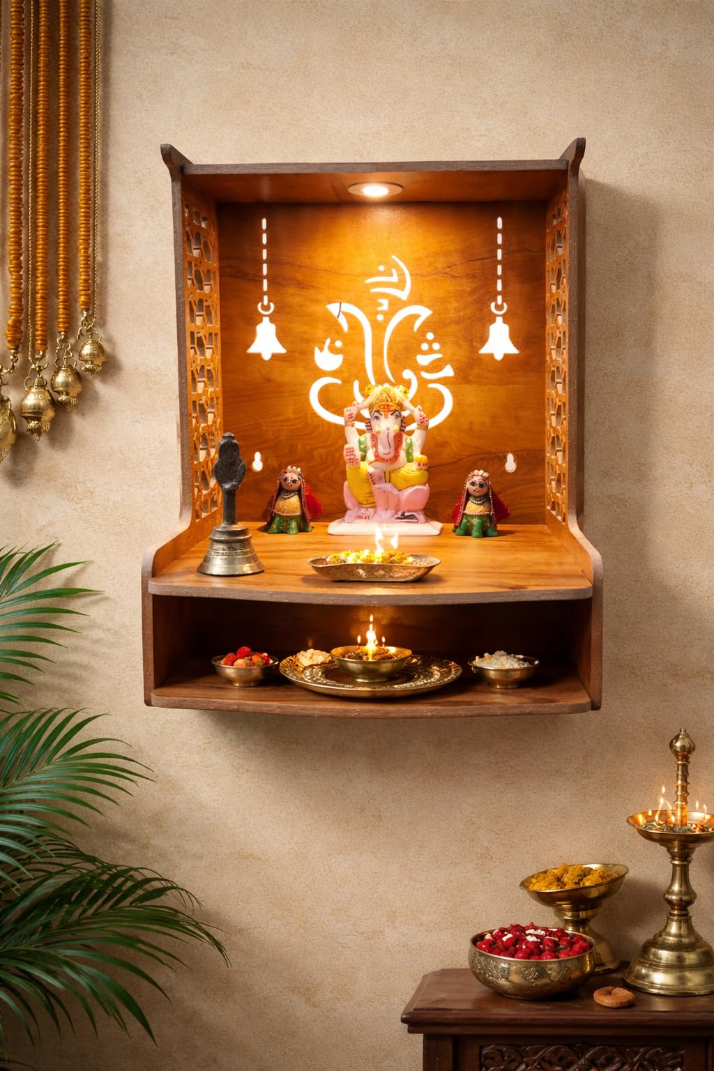 PIXELCRAFTS Wooden Temple Puja Mandir Art and Crafts Temple for Home, Shop, Office with LED SPOT Light (Size – H 15.5X L 11.5 x W 11 inch) (COACHWOODGANPATI)