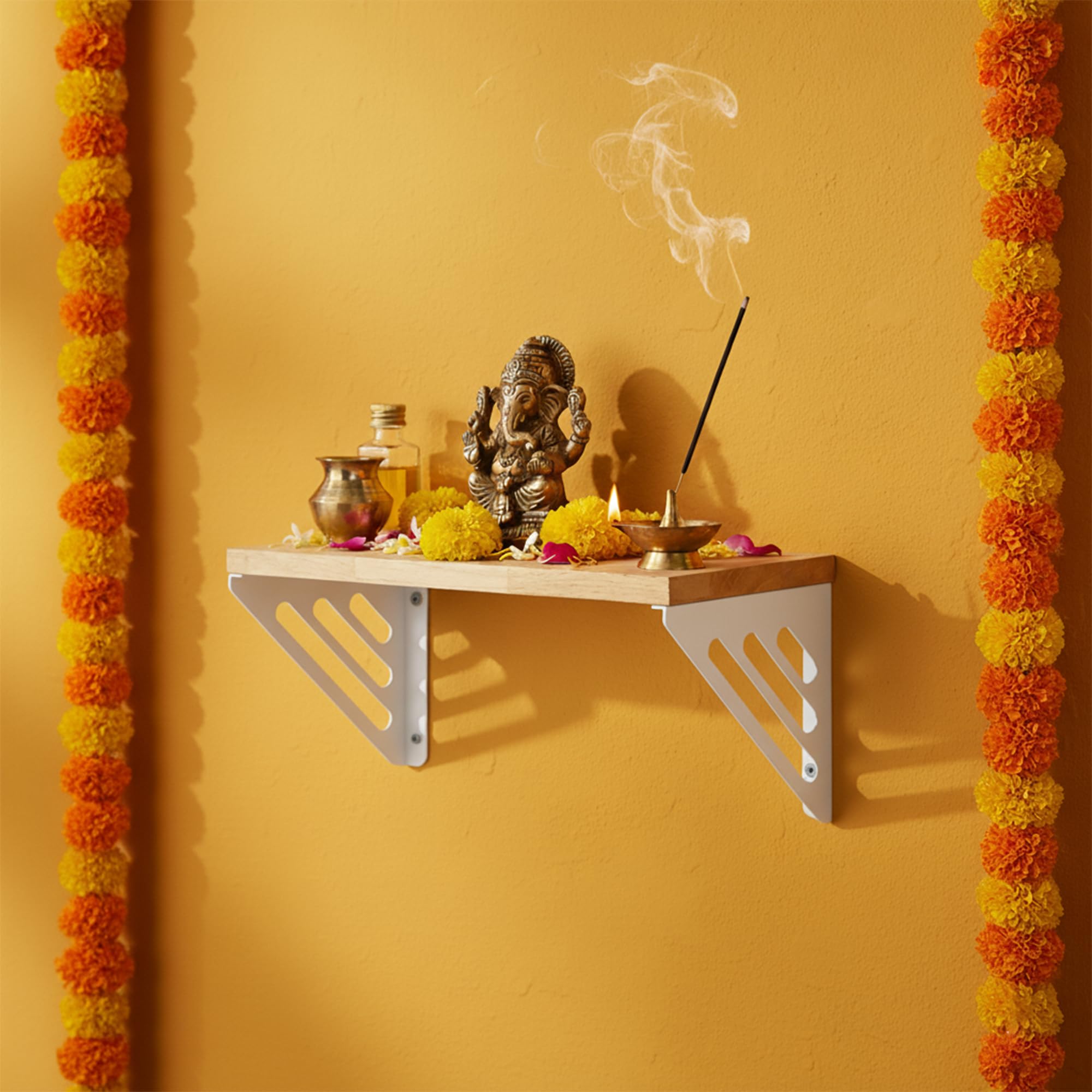 Spillbox Wooden Pooja Home Temple|White Metal Shelf |Wall Mountable|Easy Screw Assembly|Home Temple for Puja Room |Pooja Stand | Mandir-Lines (Small White)