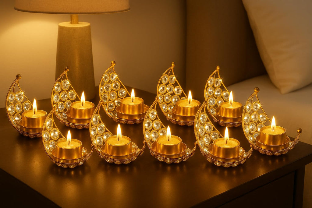 CentraLit Moon Tea Light Holder, Candle Holder, Crystal Candle Holder, Metal Lanterns, Table Decoration for Wedding Party, Ramadan, Diwali Decoration (Gold, Gold (Pack of 6))