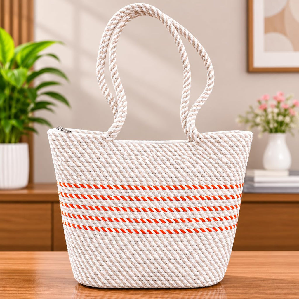YOUD Rope Handbag | Cotton Tote Handmade Bag for Women | Woven Stylish Shopping Purse (White)