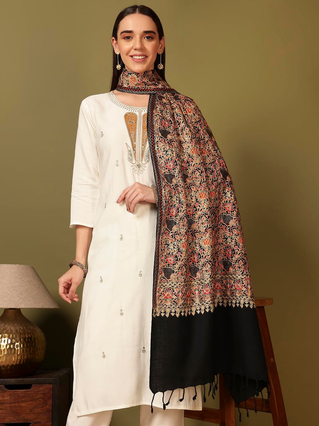 Pashmoda Women Hunar Fine Wool Nalki Embroidered Stole (Size : 28x80in, 71X203cm) EMST02