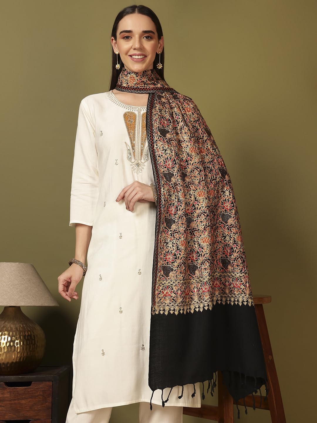 Pashmoda Women Hunar Fine Wool Nalki Embroidered Stole (Size : 28x80in, 71X203cm) EMST02