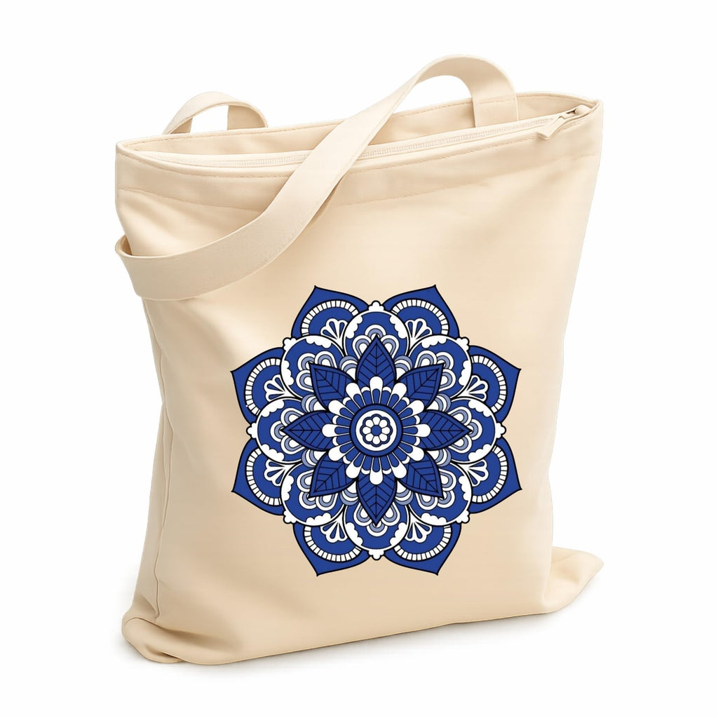 Prageet Canvas Tote Bag for Women with Zipper | 350 GSM Cotton Printed Tote | Stylish College Office Travel Shoulder Bag | Fits 14-15 Inch Laptop | Eco Friendly Reusable Cloth Handbag (MAND-BLU)