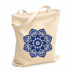 Prageet Canvas Tote Bag for Women with Zipper | 350 GSM Cotton Printed Tote | Stylish College Office Travel Shoulder Bag | Fits 14-15 Inch Laptop | Eco Friendly Reusable Cloth Handbag (MAND-BLU)