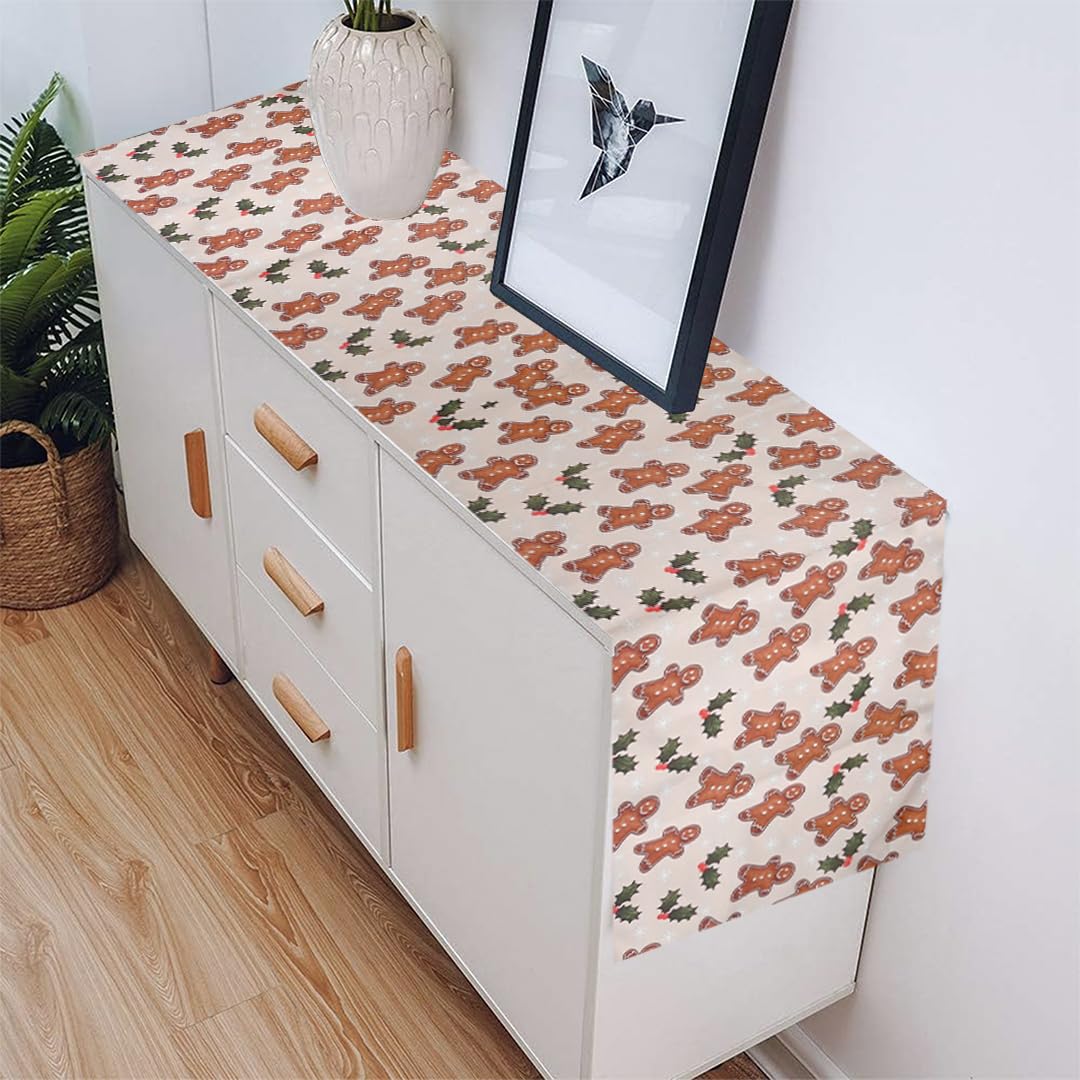 PRAKARTIK BY INDUARTS 135 cm Dining Table Runner - Gingerbread Man Theme,Digital Print, Washable, Indoor/Outdoor, Heat-Proof, Wipe & Clean (135X33 cm) Cream & Brown Kafalo