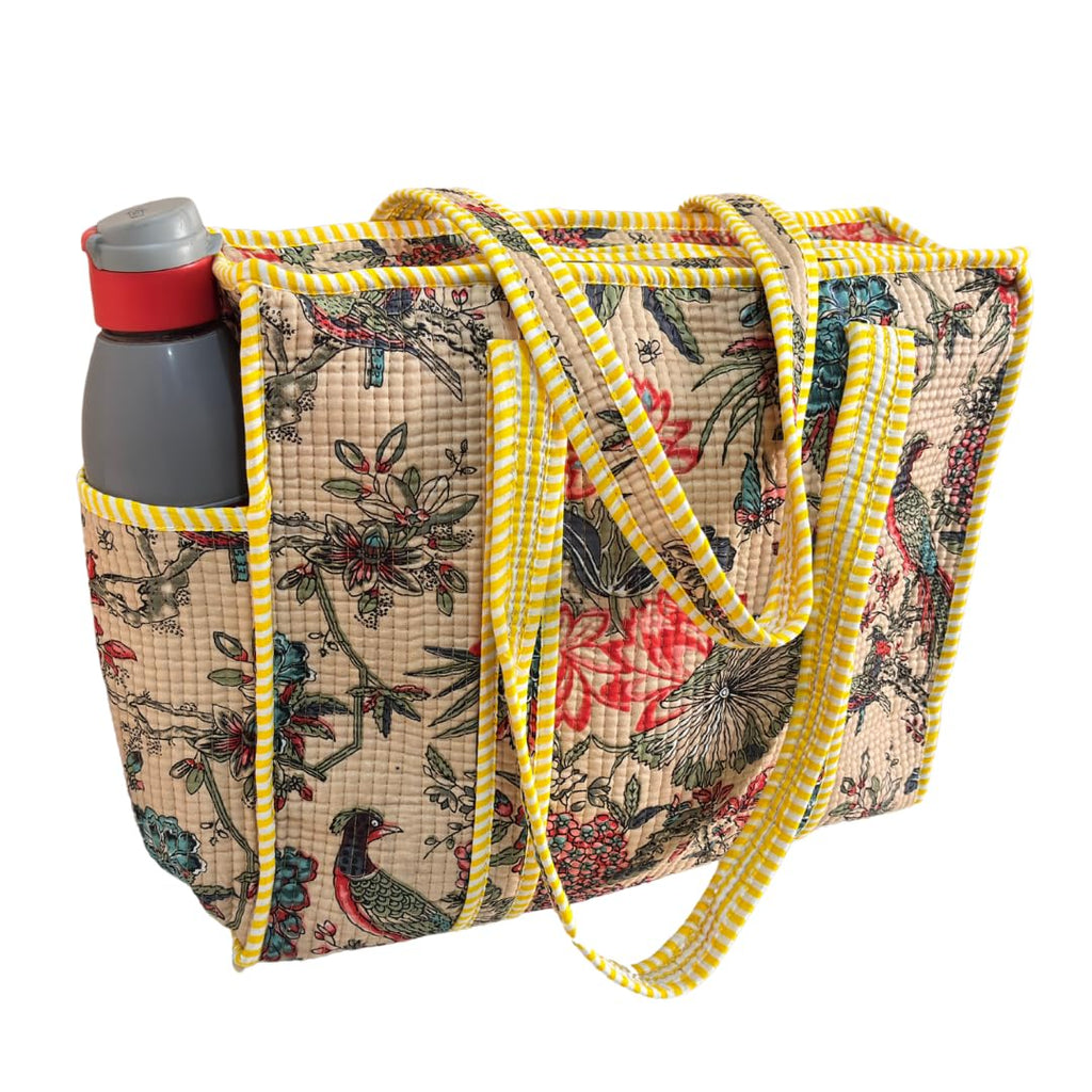 The House of RajPadmini Floral Quilted Cotton Shopping Tote Bag, 16x16 inches, Striped Trim, External Bottle Pocket (Off-White)