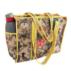 The House of RajPadmini Floral Quilted Cotton Shopping Tote Bag, 16x16 inches, Striped Trim, External Bottle Pocket (Off-White)