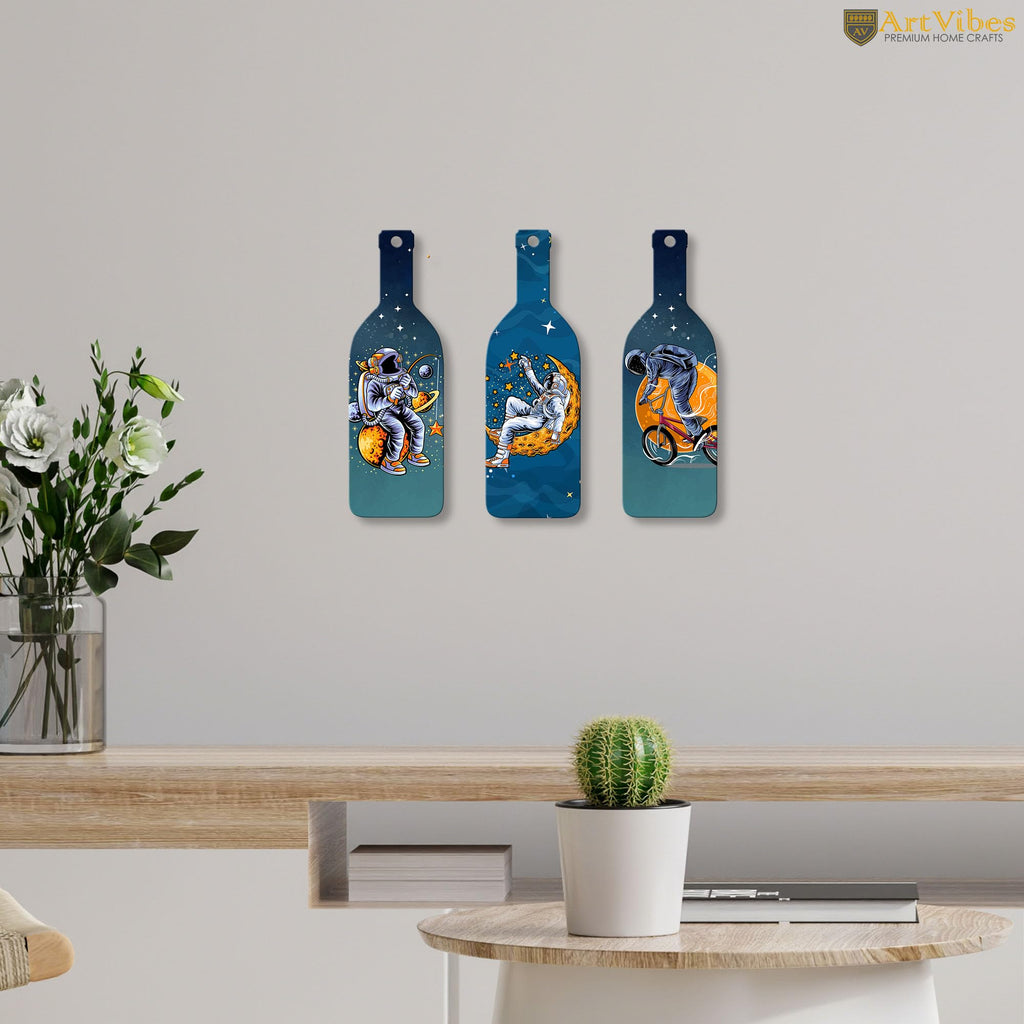 Artvibes Astronaut in Space Decor Bottle shaped Wooden Wall Hanging | Living Room | Office | Wall Art Painting For Hall | Graphic Artwork | Aesthetic Wooden Decor | Ideal Gifts (WH_9523N), Set of 3